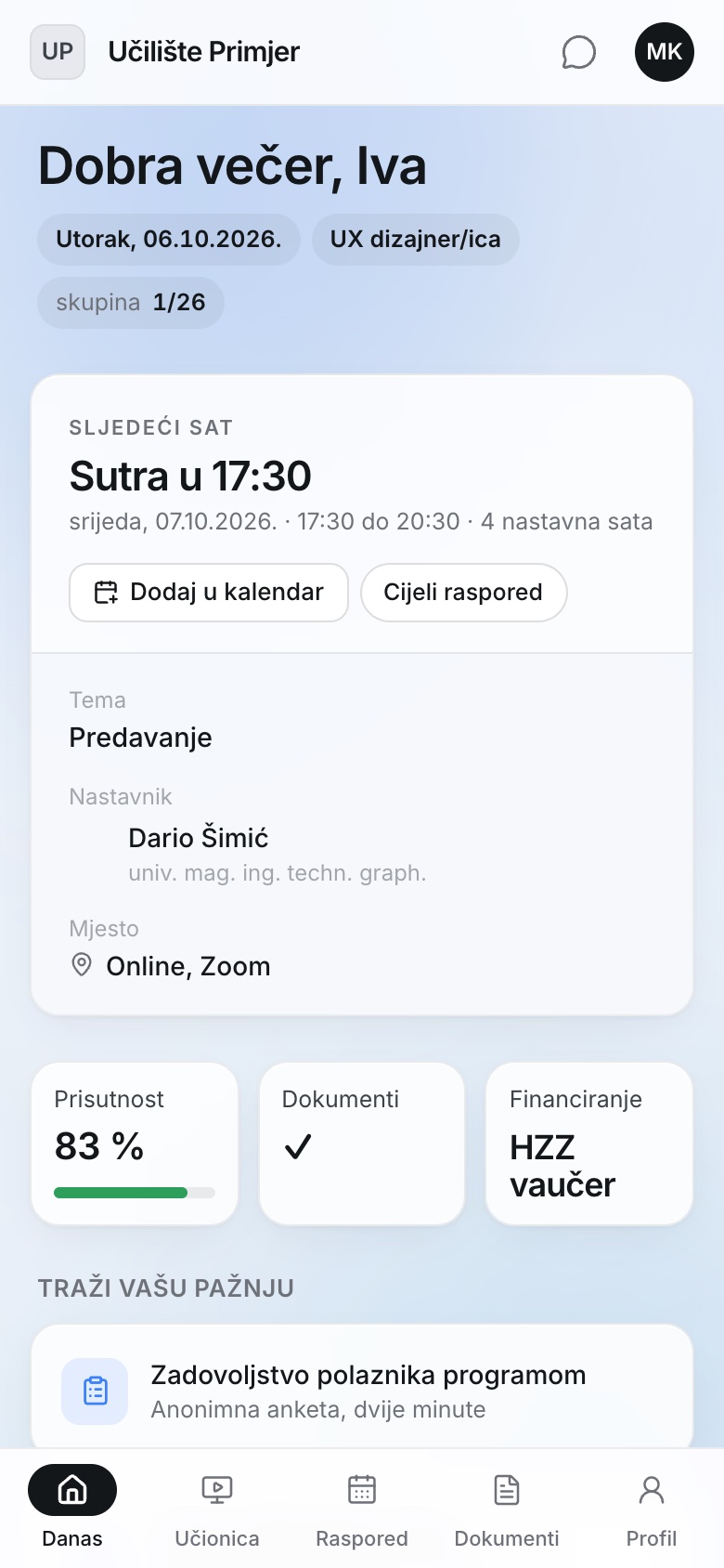 Portal polaznika na mobitelu: sljedeći sat, prisutnost i dokumenti
